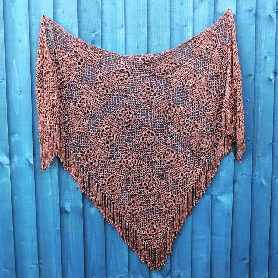 Large triangular crochet shawl in sparkly bronze vintage thread - design LF427