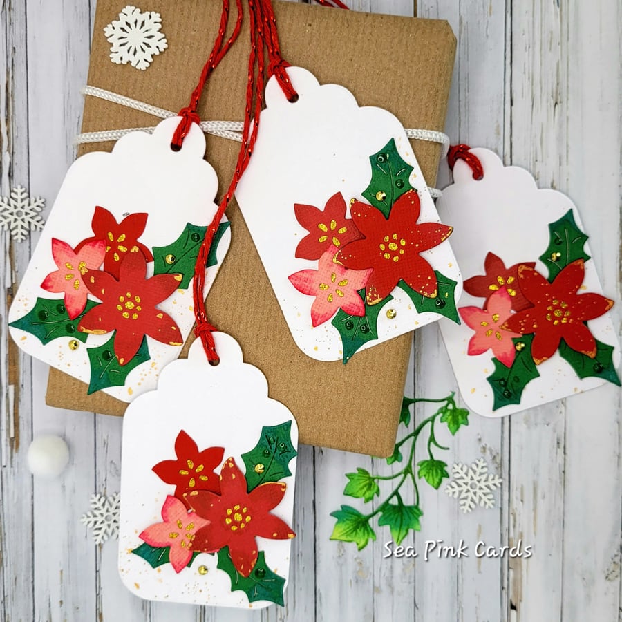 Poinsettia Christmas Gift Tags - 3D, retro inspired, gold, red, green, floral