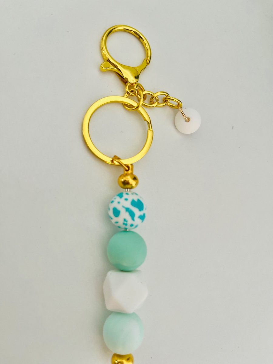Mint Green  and white Keyring or purse charm 