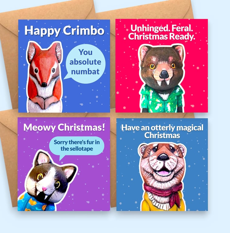 Pack of 4 Funny Animal Christmas Cards - Numbat Otter Cat Tasmanian Devil Bundle
