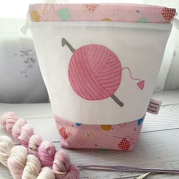 'Crochet Hook and Yarn' Project Bag with Hand Embroidery