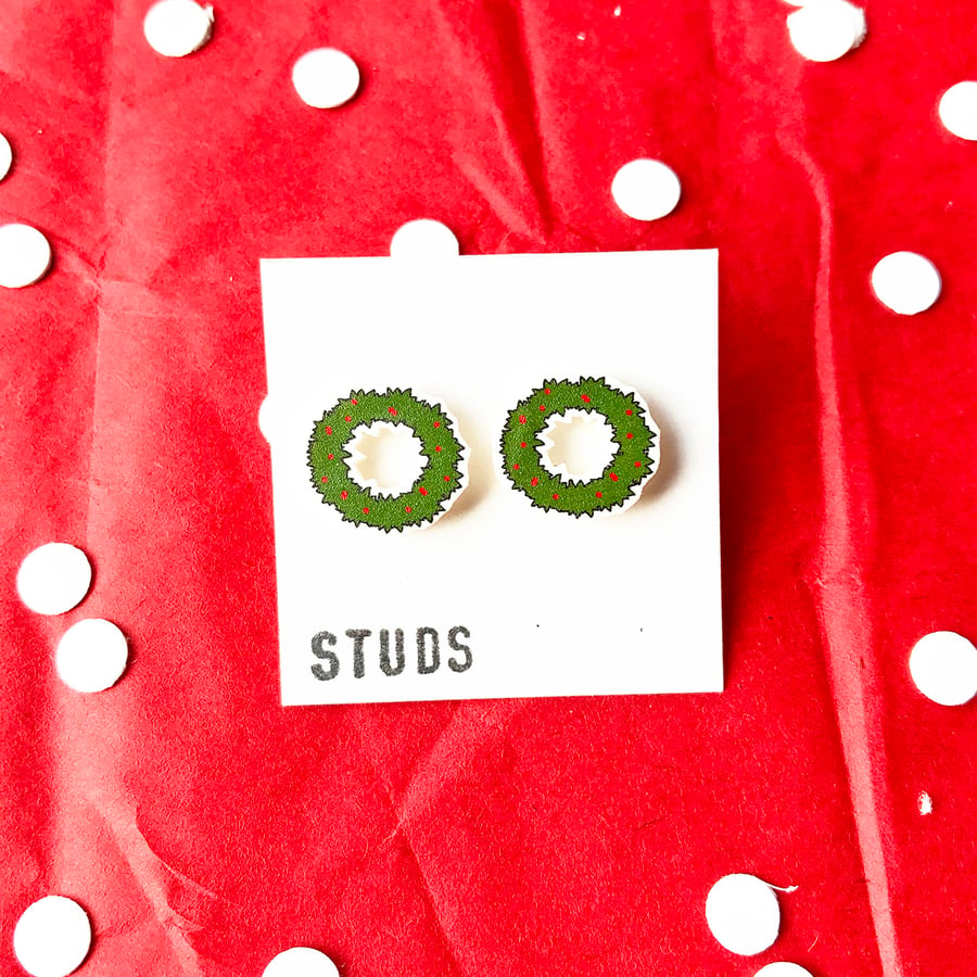 Christmas Wreath Illustration Shrink Plastic Stud Earrings Seconds Sunday