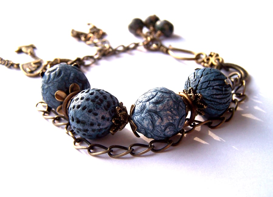 Blue Bracelet, Artisan Ceramic Beads, Brass Charms, Ooak Bracelet