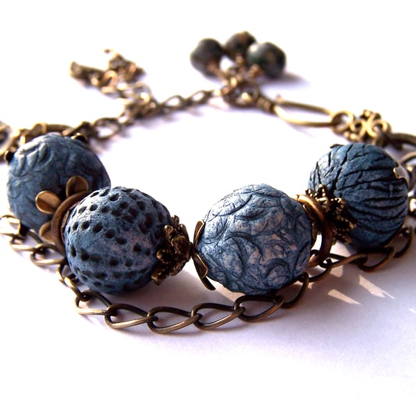 Blue Bracelet, Artisan Ceramic Beads, Brass Charms, Ooak Bracelet