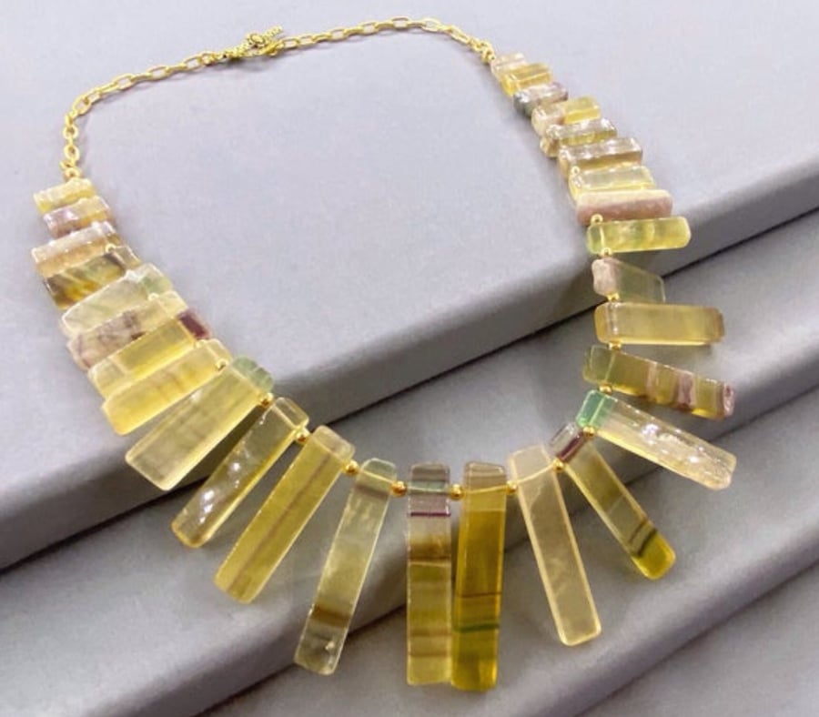 Yellow Flourite Graduated Fan Collar Gold Filled Cleopatra Style Necklace