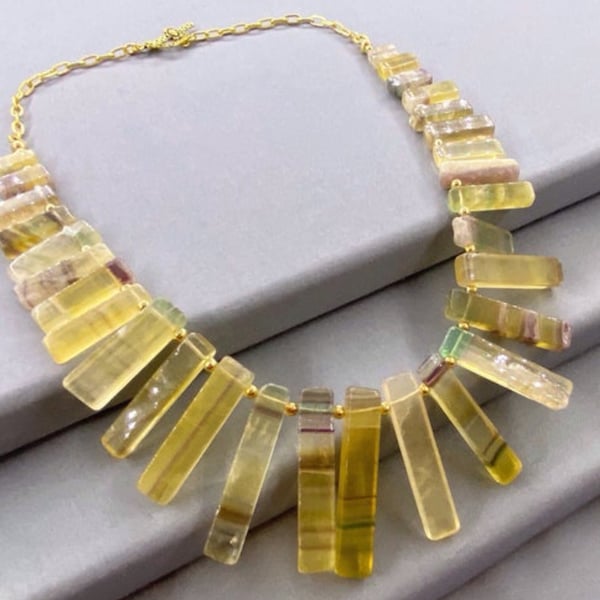 Yellow Flourite Graduated Fan Collar Gold Filled Cleopatra Style Necklace