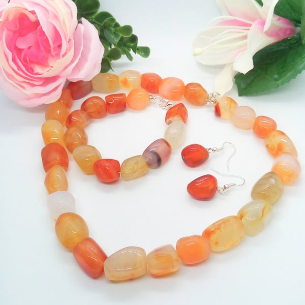 Red  and Pale Carnelian Chunky Nugget Bead 3 Piece Jewellery Set, Gift for Her