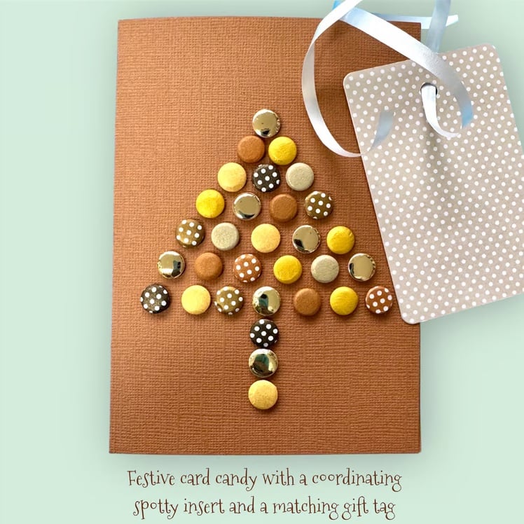 Christmas card and matching gift tag, abstract tree of festive card candy