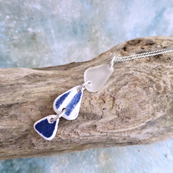 Sea Glass and Blue Sea Pottery Necklace, Nautical Gift, Eclectic Pendant