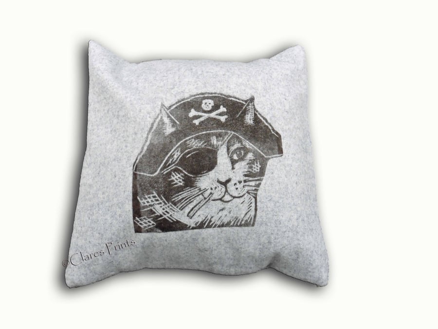 Grey Pirate Cat Cushion Cover Hand Printed