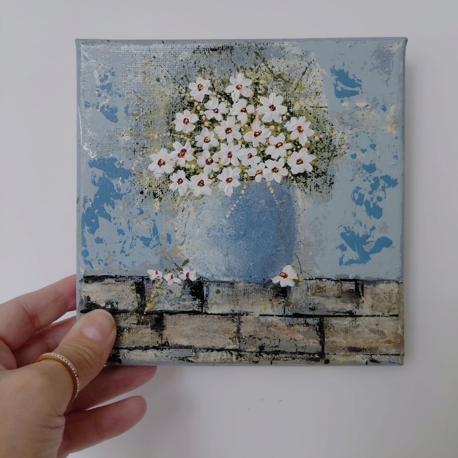 Original Painting of White Flowers in a Blue Vase on Stretched Canvas