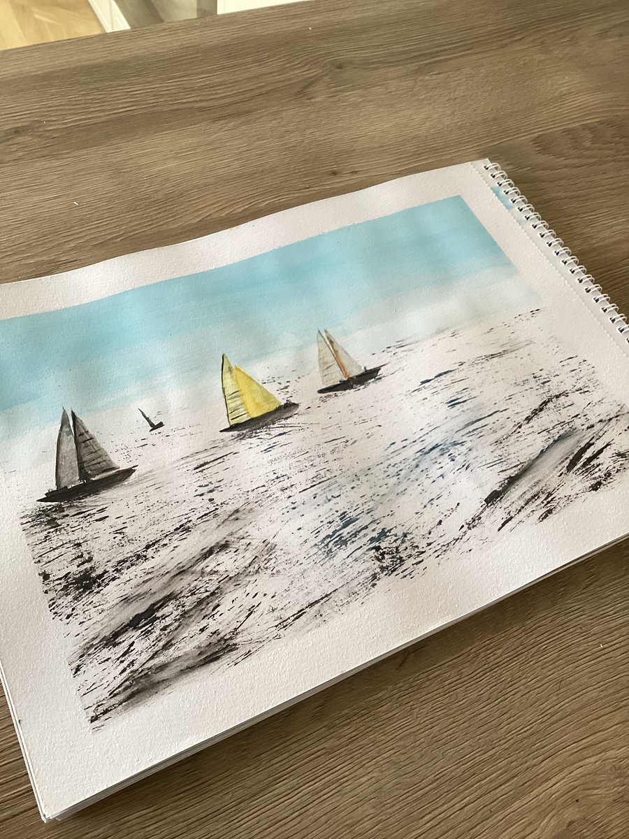 Boats at sea watercolour painting 