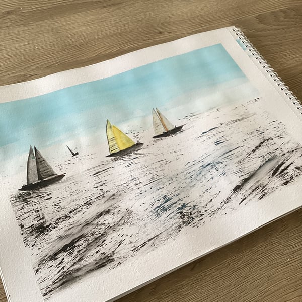 Boats at sea watercolour painting 
