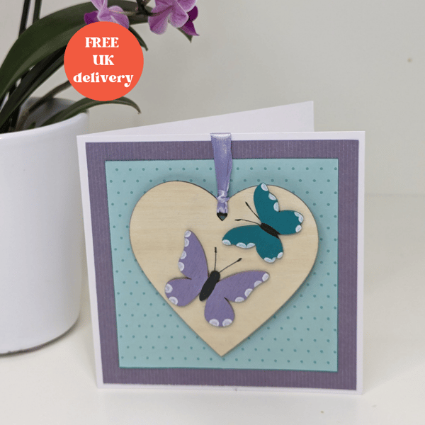Butterflies, handmade card with wooden heart and butterfly keepsake decoration