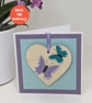 Butterflies, handmade card with wooden heart and butterfly keepsake decoration