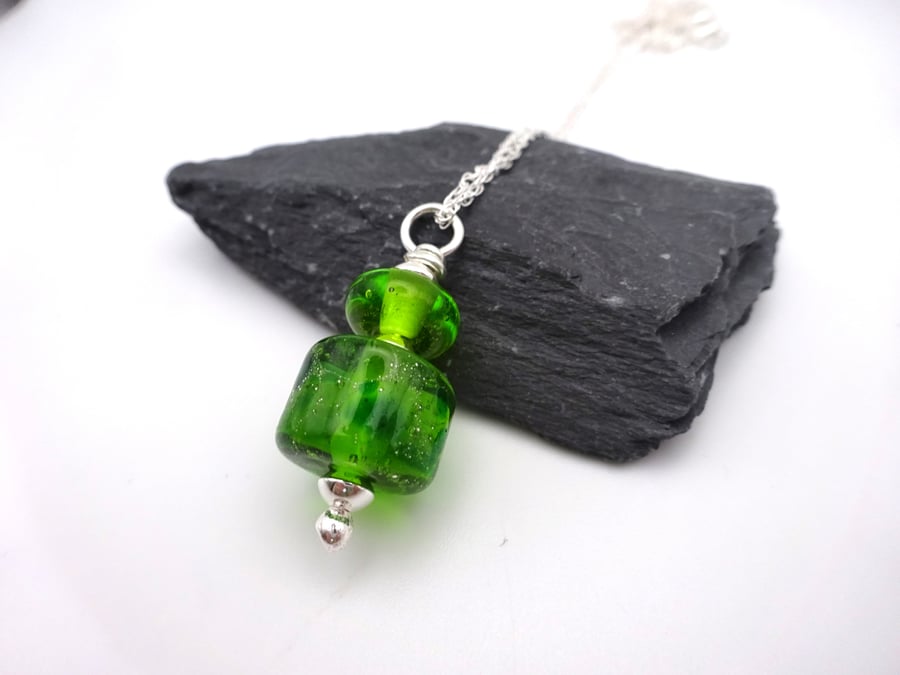 green lampwork glass pendant necklace