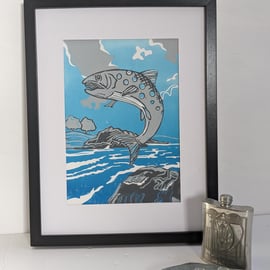 Handmade Linocut Print 'Leaping Trout' Blue home & living wall decor gift