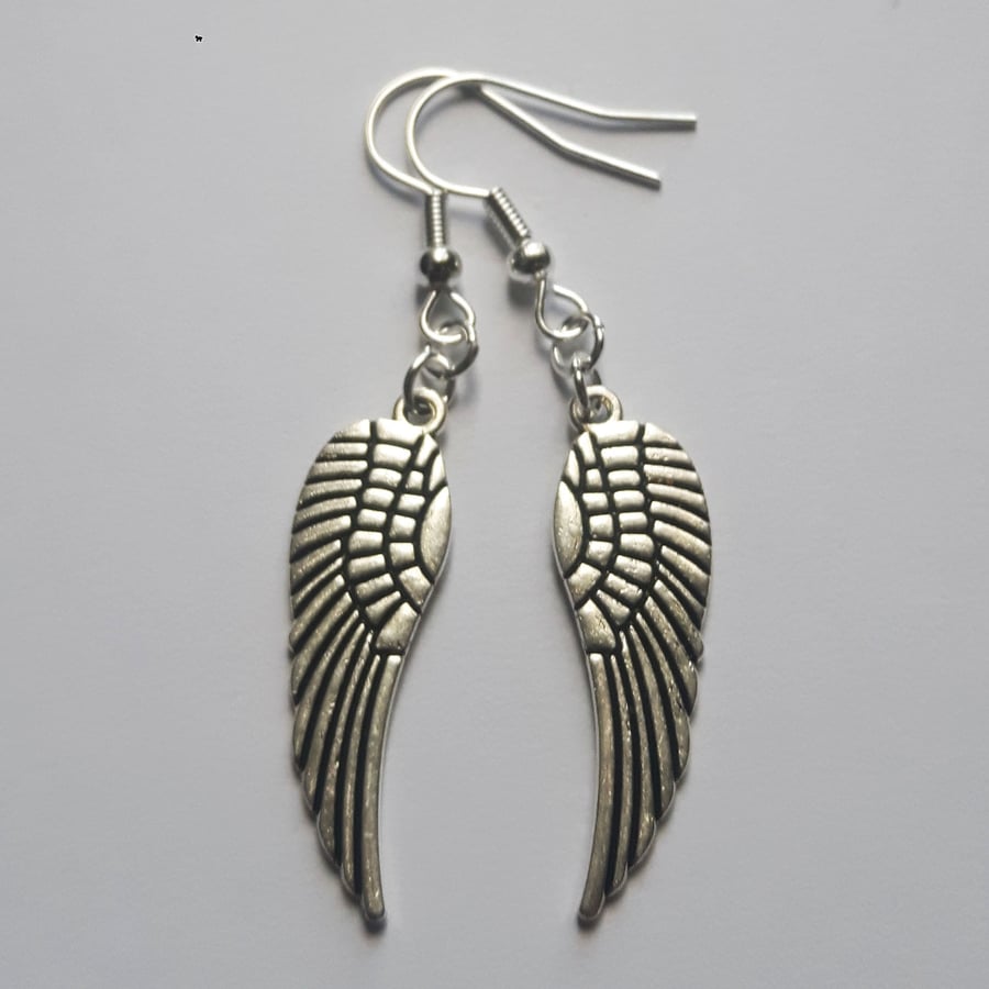 Angel Wing Drop Dangle Gothic Glam Boho Earrings Silver Plate 