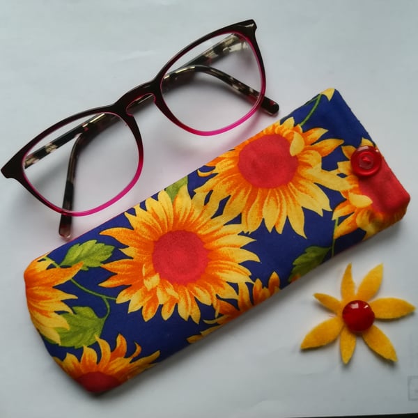 Glasses case - Yellow & blue sunflower and red polka dot design.