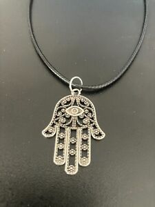hamsa turkish evil eye charm pendant on a 18" leather cord necklace