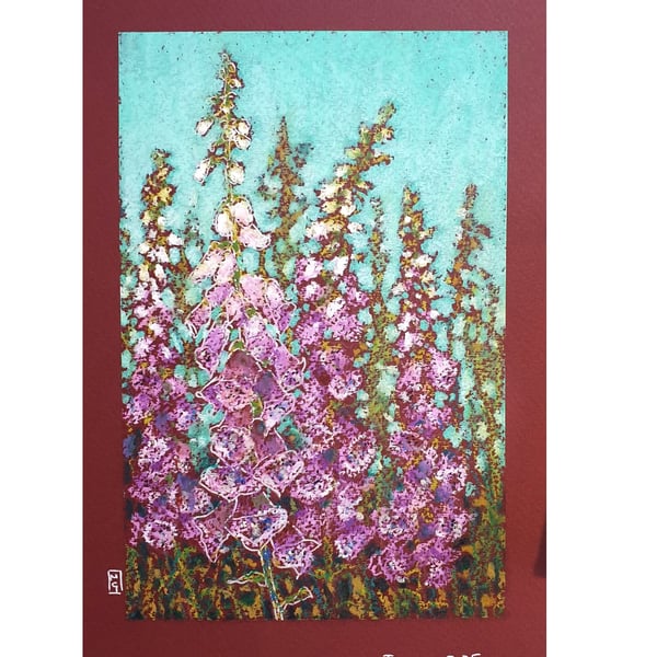 Foxgloves Wall Art - Original oil pastel painting, floral artwork