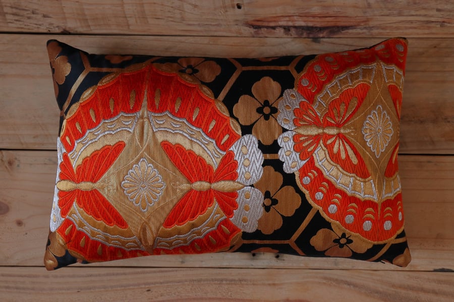 Silk Brocade Cushion Japanese Kimono Obi Golden Butterfly