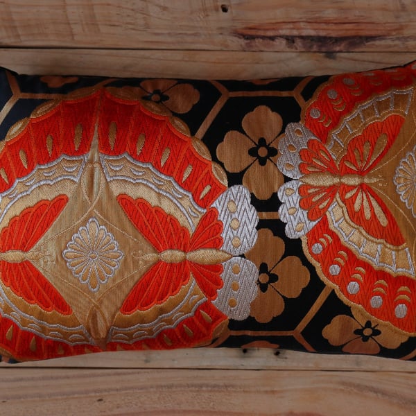 Silk Brocade Cushion Japanese Kimono Obi Golden Butterfly
