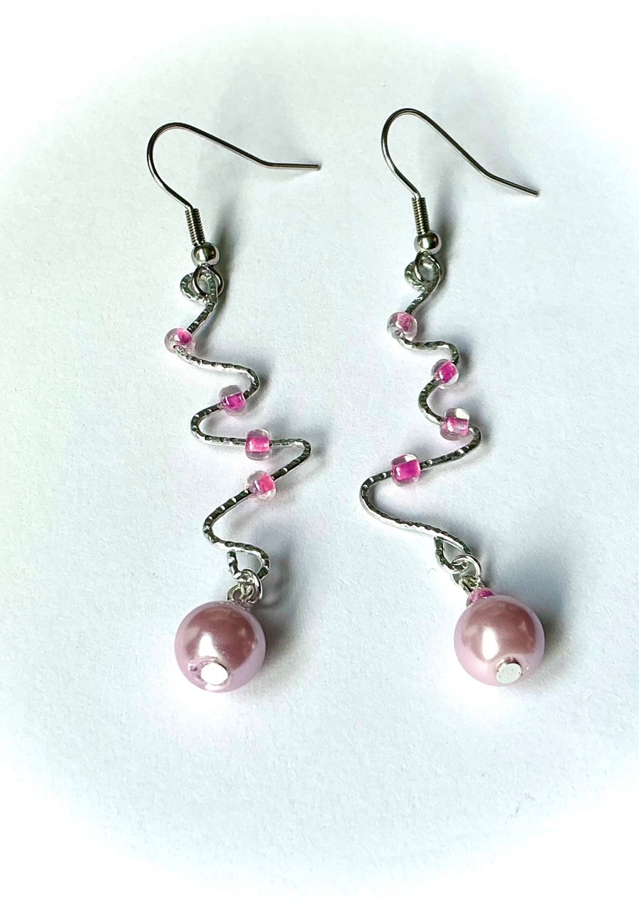 Silvertone Wire and Pink Bead Dangly Earrings