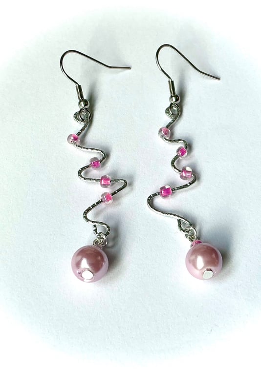 Silvertone Wire and Pink Bead Dangly Earrings