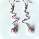 Silvertone Wire and Pink Bead Dangly Earrings