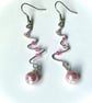 Silvertone Wire and Pink Bead Dangly Earrings