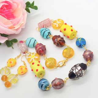Multi Coloured Rosary Style Glass Lampwork Beaded Necklace and Earrings Set