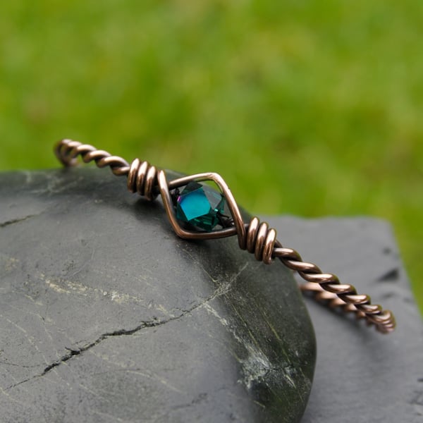 Seconds Sunday - Twisted Copper Cuff with Turquoise Blue Cube Bead