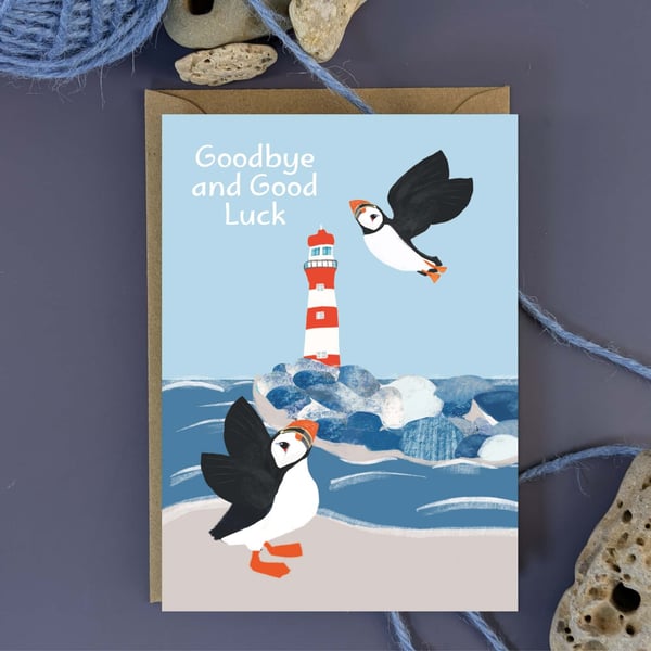 Goodbye Good Luck Leaving Card Puffin coastal lighthouse blank inside