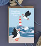 Goodbye Good Luck Leaving Card Puffin coastal lighthouse blank inside