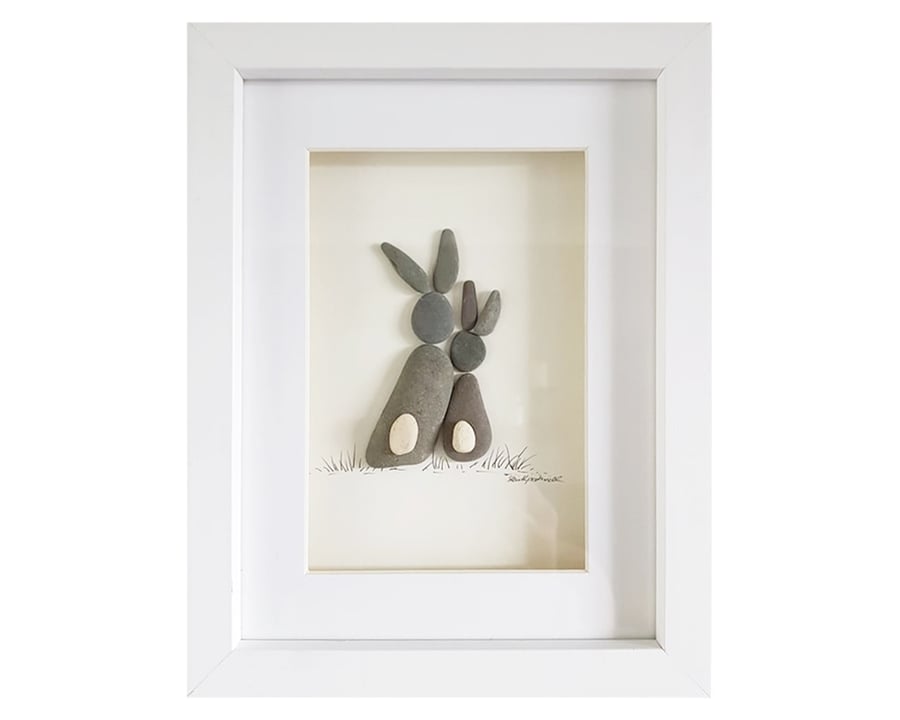 Cuddling Bunnies - Pebble Picture - Framed Unique Handmade Art