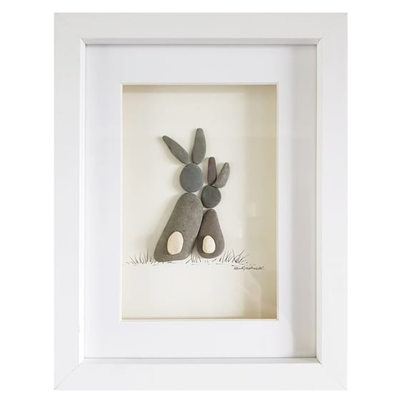 Cuddling Bunnies - Pebble Picture - Framed Unique Handmade Art