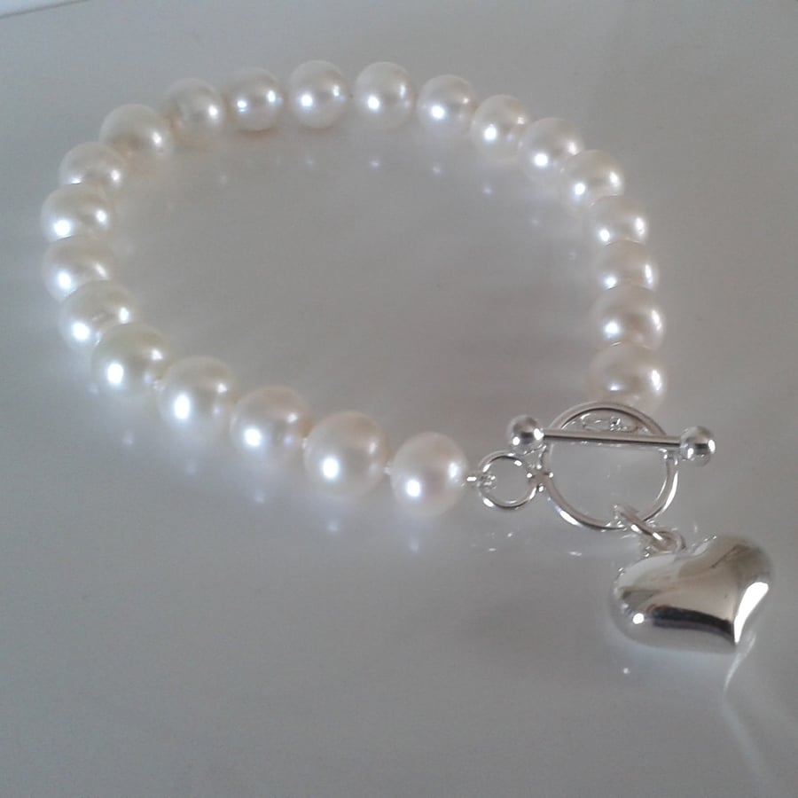 Pearl Bracelet with Sterling Silver Heart Charm