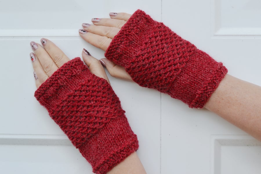 Fingerless Gloves Aran Russet Knitted 