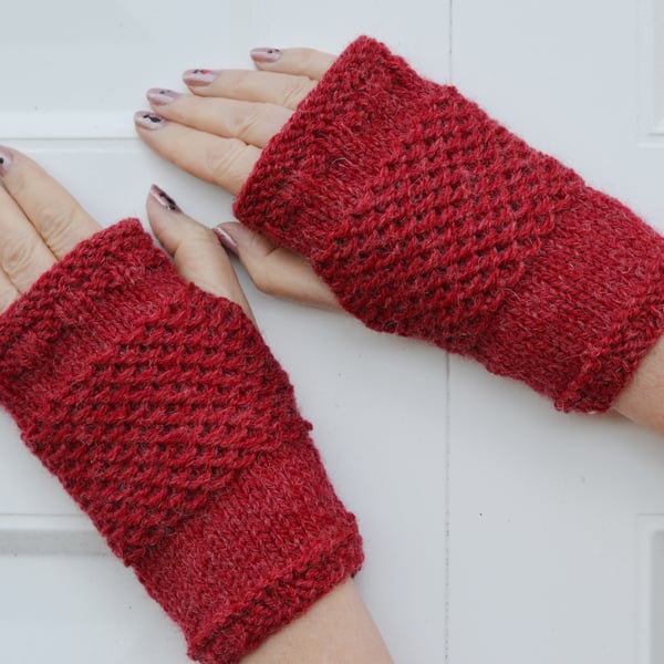 Fingerless Gloves Aran Russet Knitted 