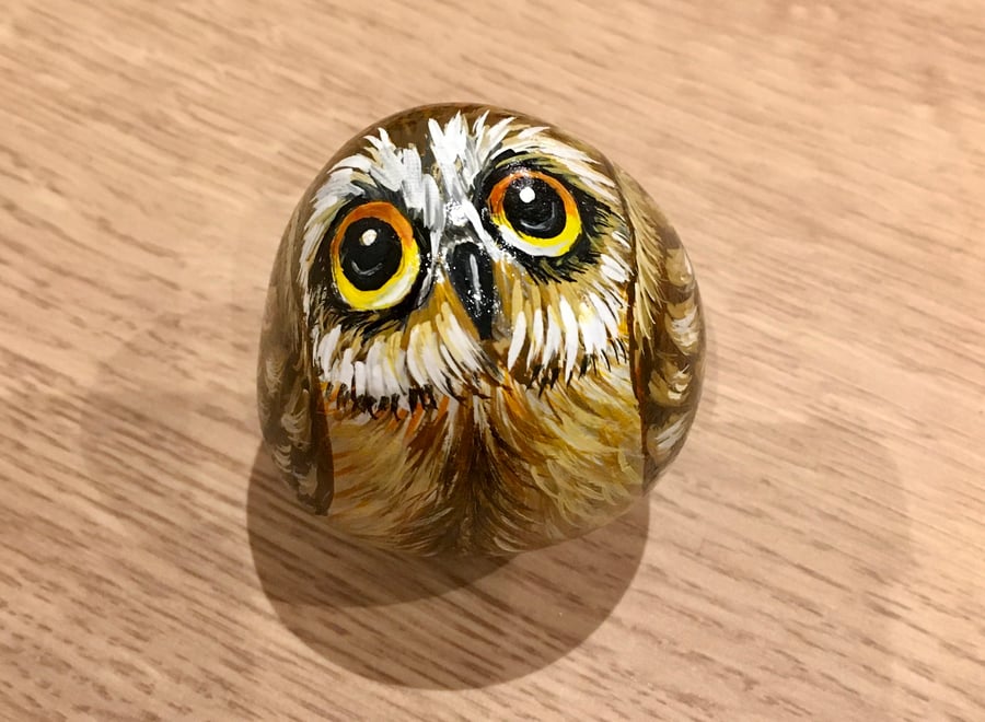 Owl hand painted pebble garden rock art pet stone portrait 