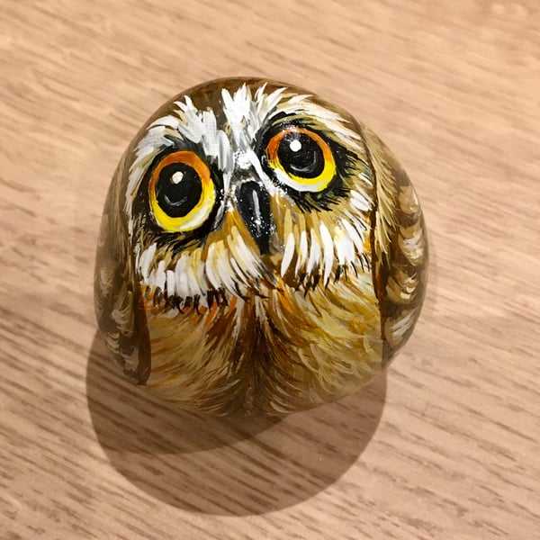 Owl hand painted pebble garden rock art pet stone portrait 