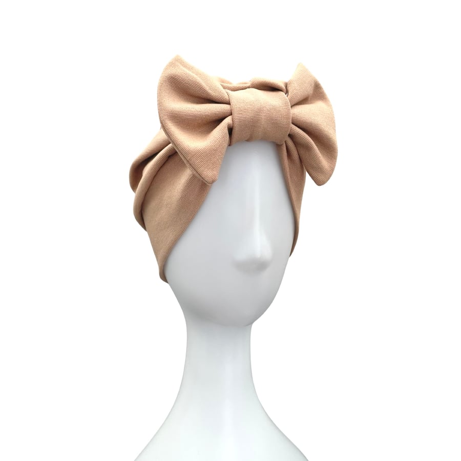 Beige Retro Style Turban Hat, Jersey Bow Turban for Women for Hair Loss
