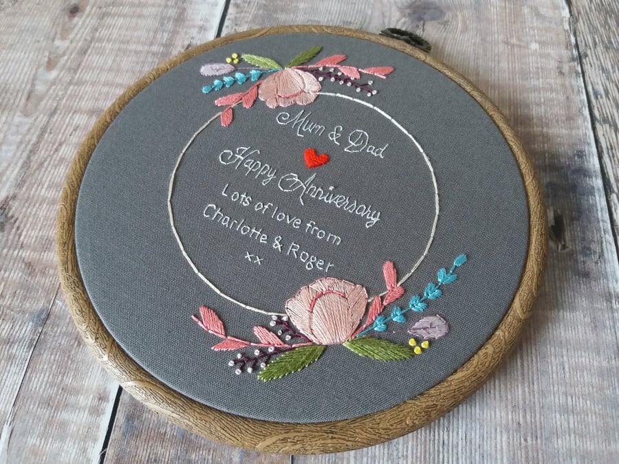 Grey Floral Wedding Anniversary Gift - Custom Hand Embroidered Hoop 