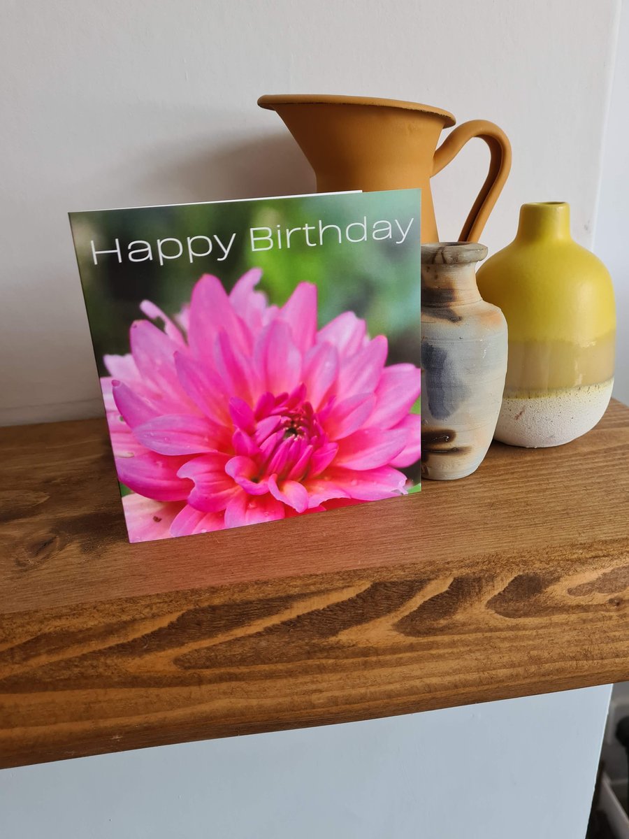 Pink dahlia photo birthday card