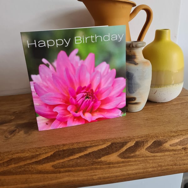 Pink dahlia photo birthday card