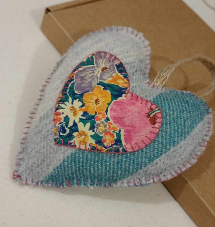 Welsh wool heart - upycled blanket vintage fabrics hand embroidered 