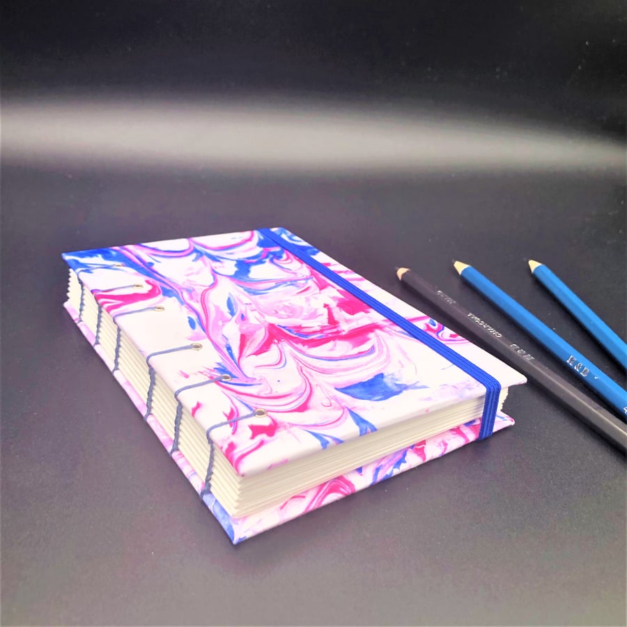 Marbled Pocket Sketchbook - A6 coptic stitch