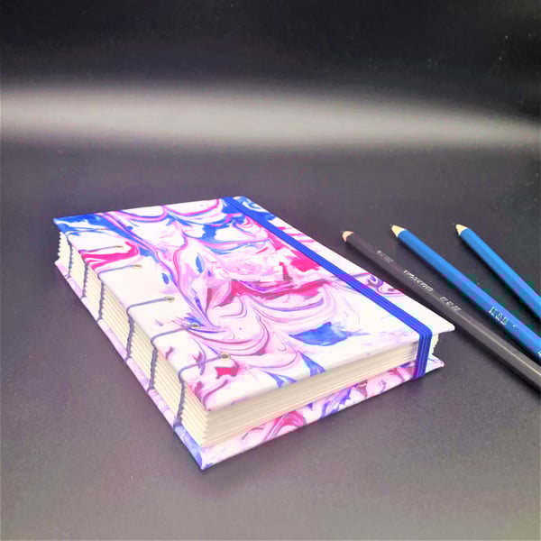 Marbled Pocket Sketchbook - A6 coptic stitch