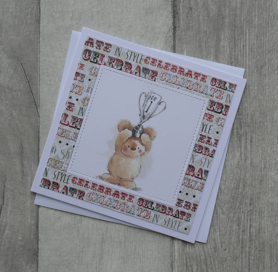 Cute Bear with No 1 Trophy - Celebrate in Style - Birthday or Father's Day Card